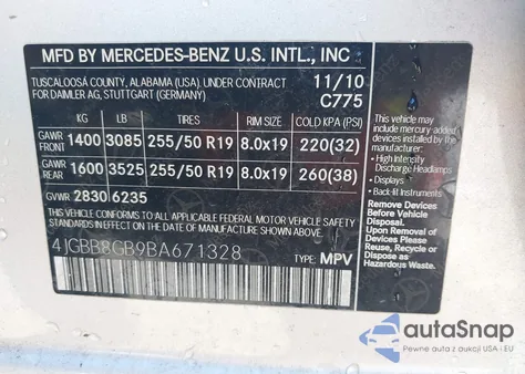 2011 Mercedes-Benz Ml 350 4Matic from USA, damaged, VIN 4JGBB8GB9BA671328
